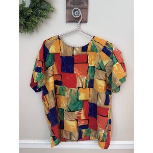 Vintage Ship'N Shore Womens Size 16W Blouse Short Sleeve Colorful 1980s